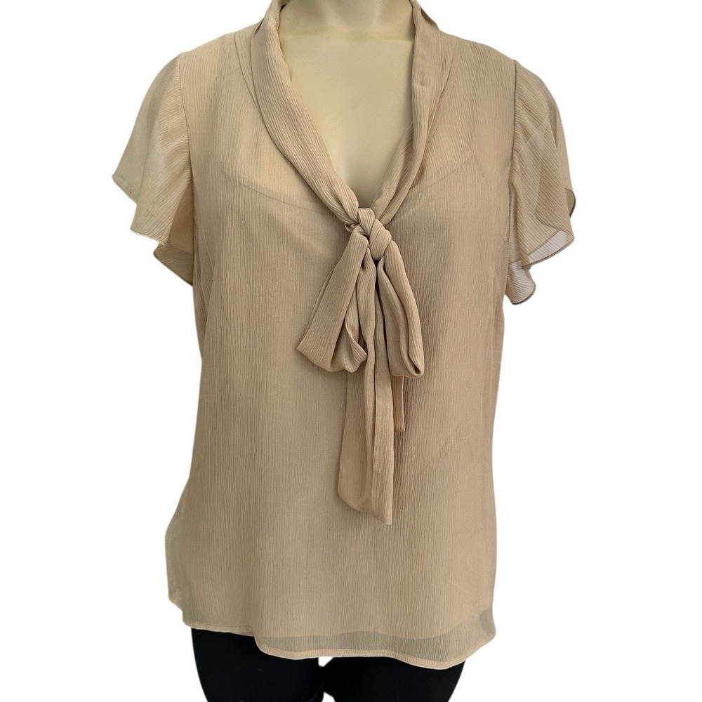 St. John Blouse Size‎ 6 Sheer Silk Crepe Bow Flutter Sleeves With Cami Beige EUC